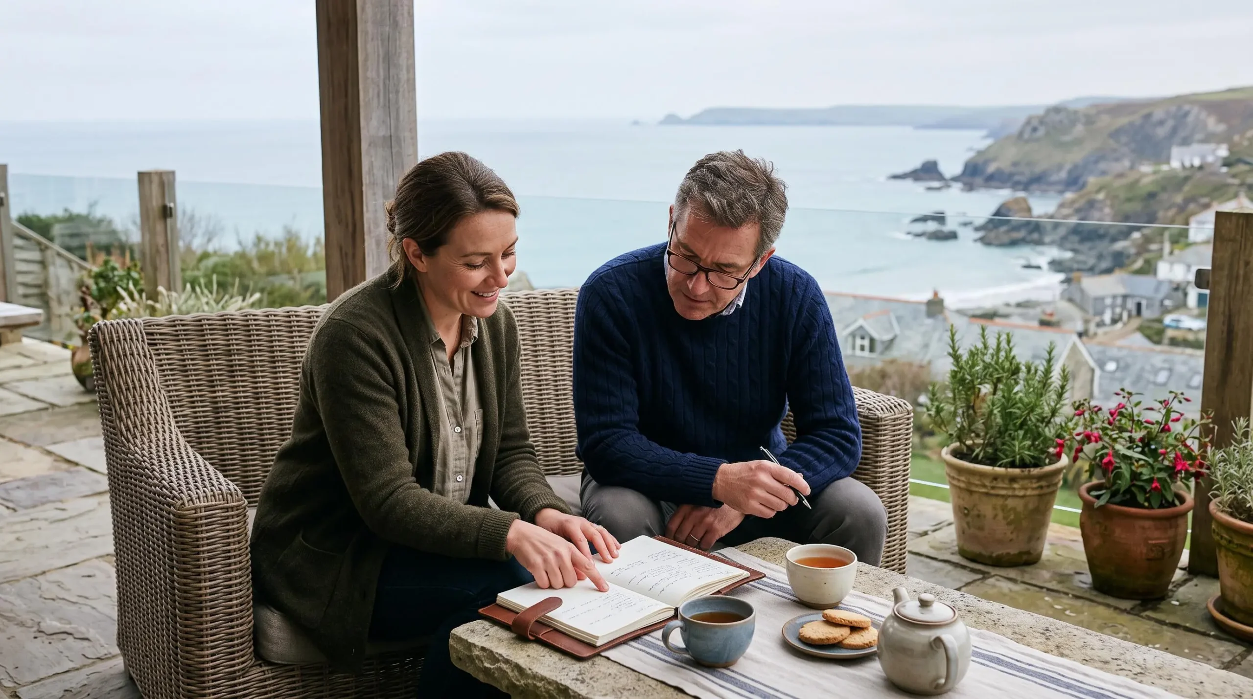 A concierge and a guest review a trip itinerary together on a villa terrace.