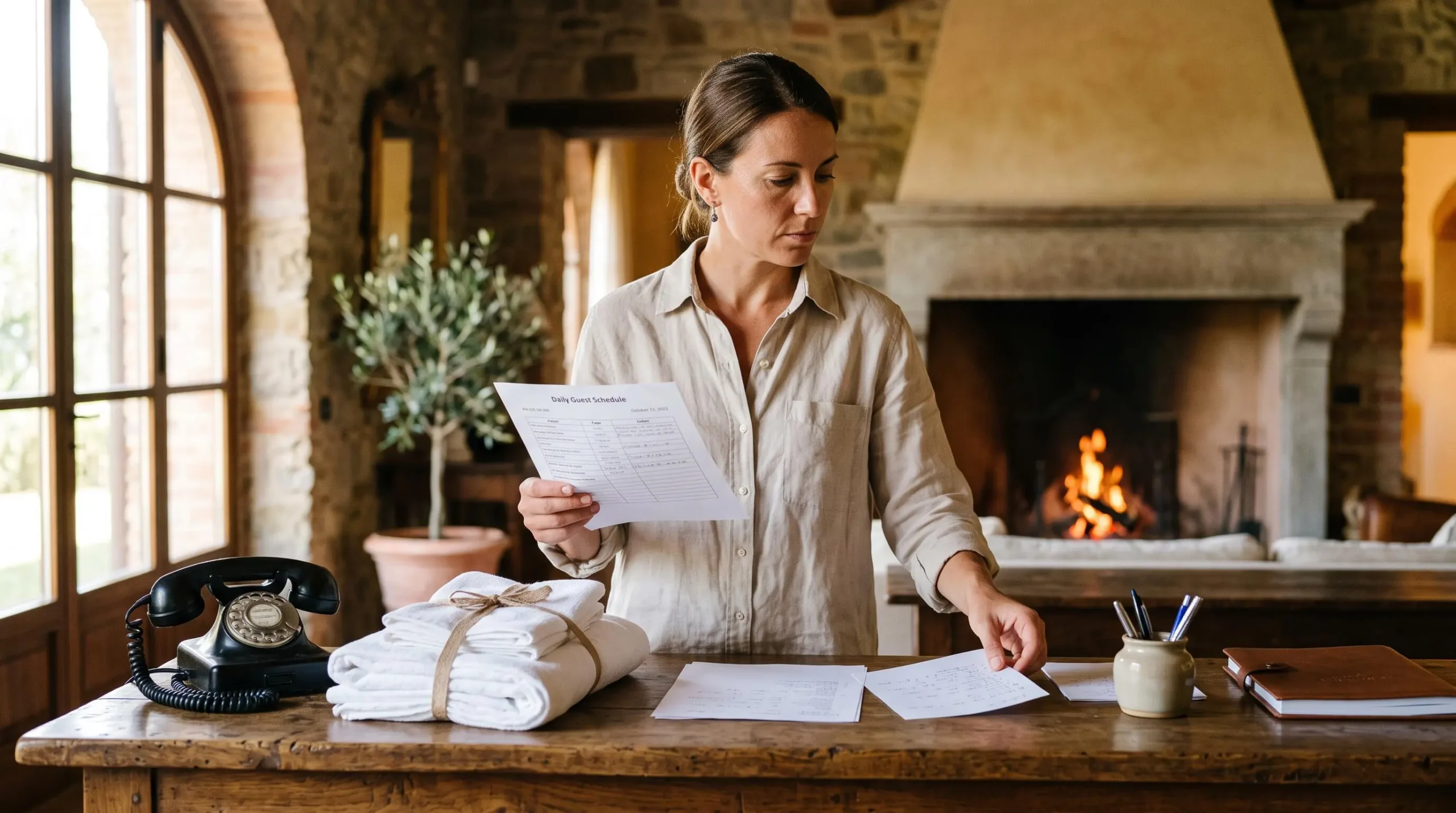 A concierge organises a daily service schedule at a table inside the villa.