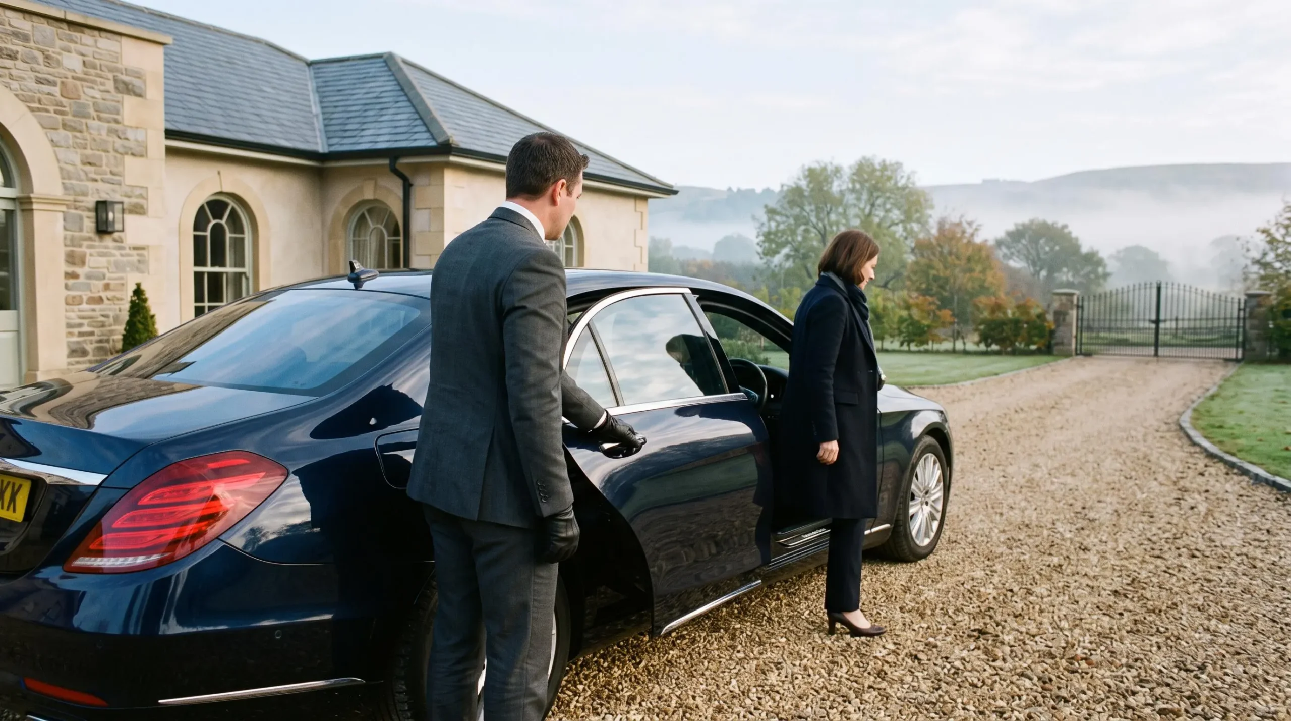 A driver opens the car door for a guest arriving at a villa driveway.